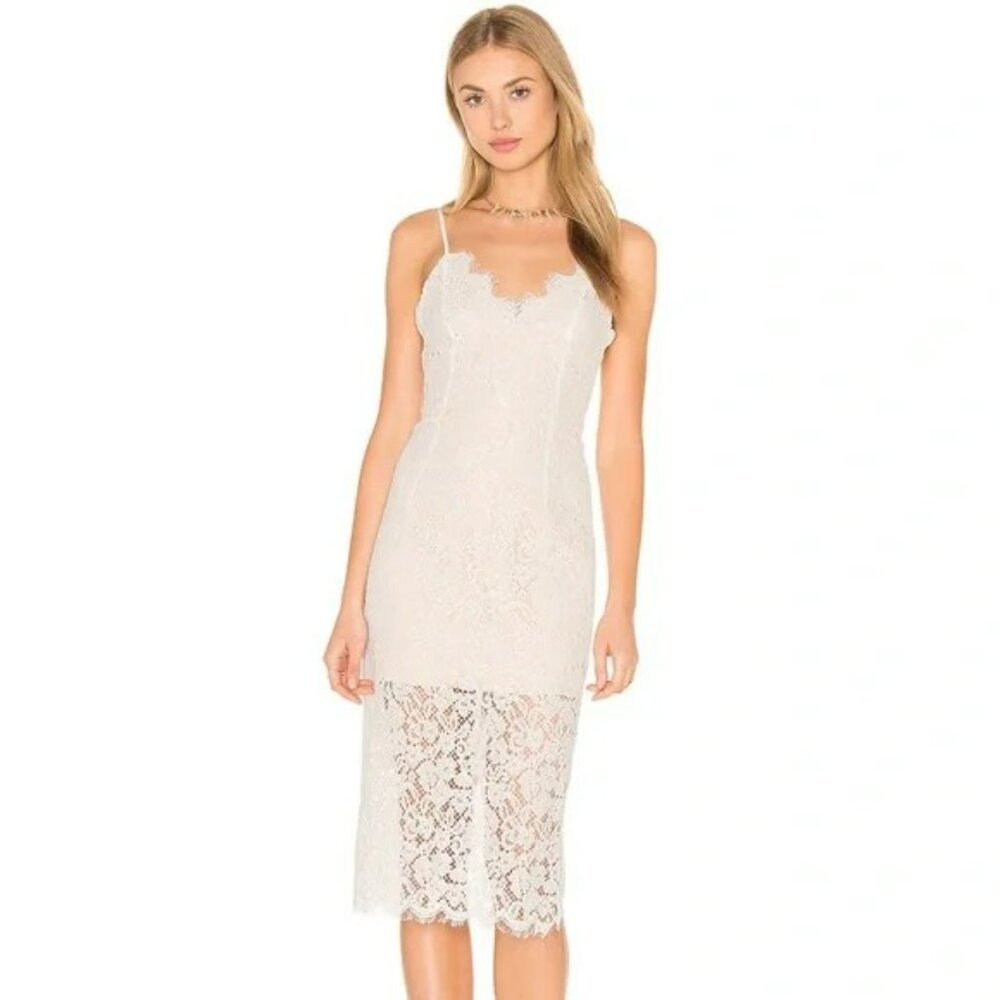Bardot REVOLVE Sienna Lace Sheath Midi Dress in Cream with Cami Straps Sz M